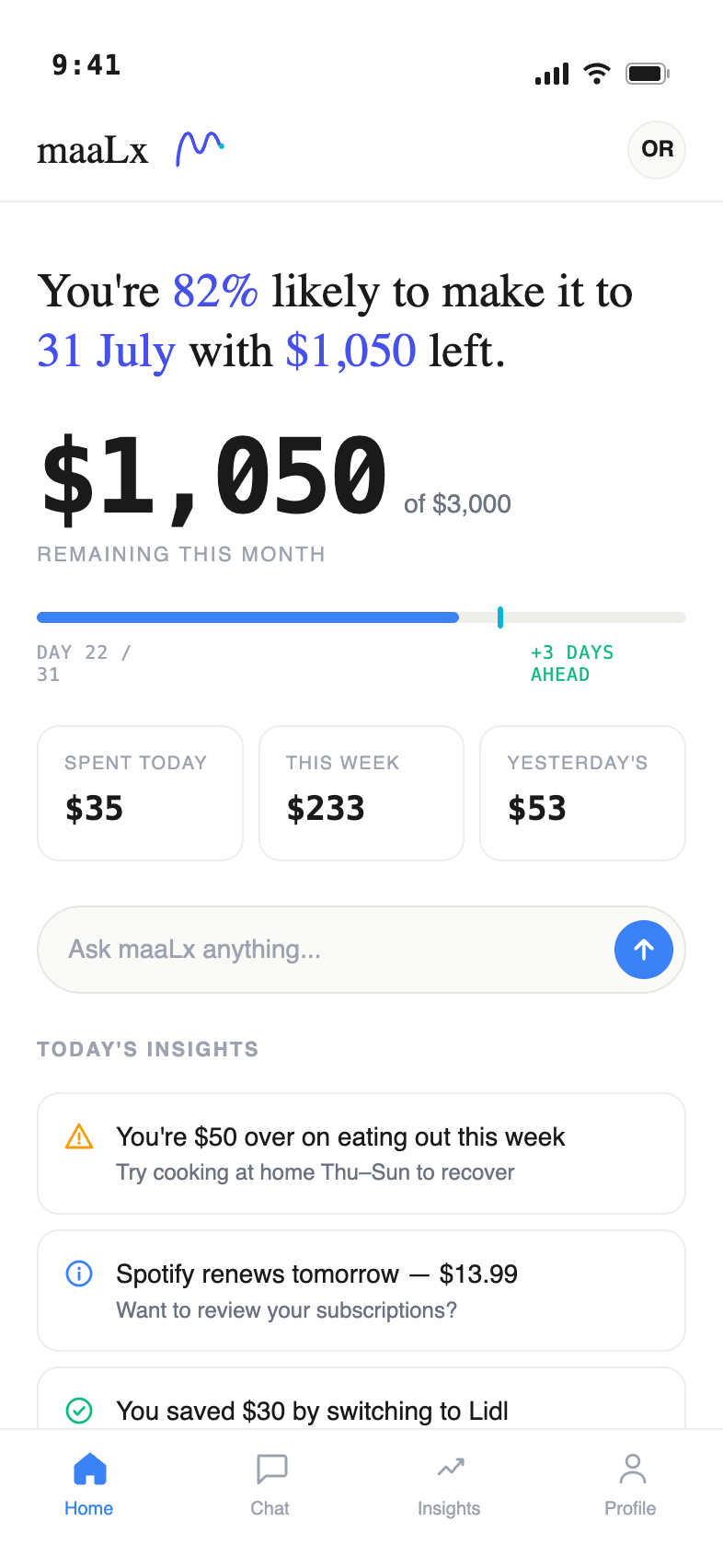 Maalx mobile dashboard showing monthly runway and insights
